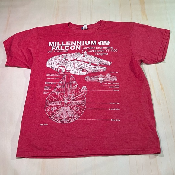 Star Wars Mens Large Millennium Falcon Shirt Blueprints Red - Picture 1 of 3